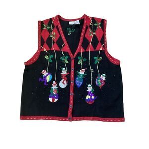 Vintage Plus Women’s Christmas Holiday Elves Embroidered Beaded Knit Sweater Ves